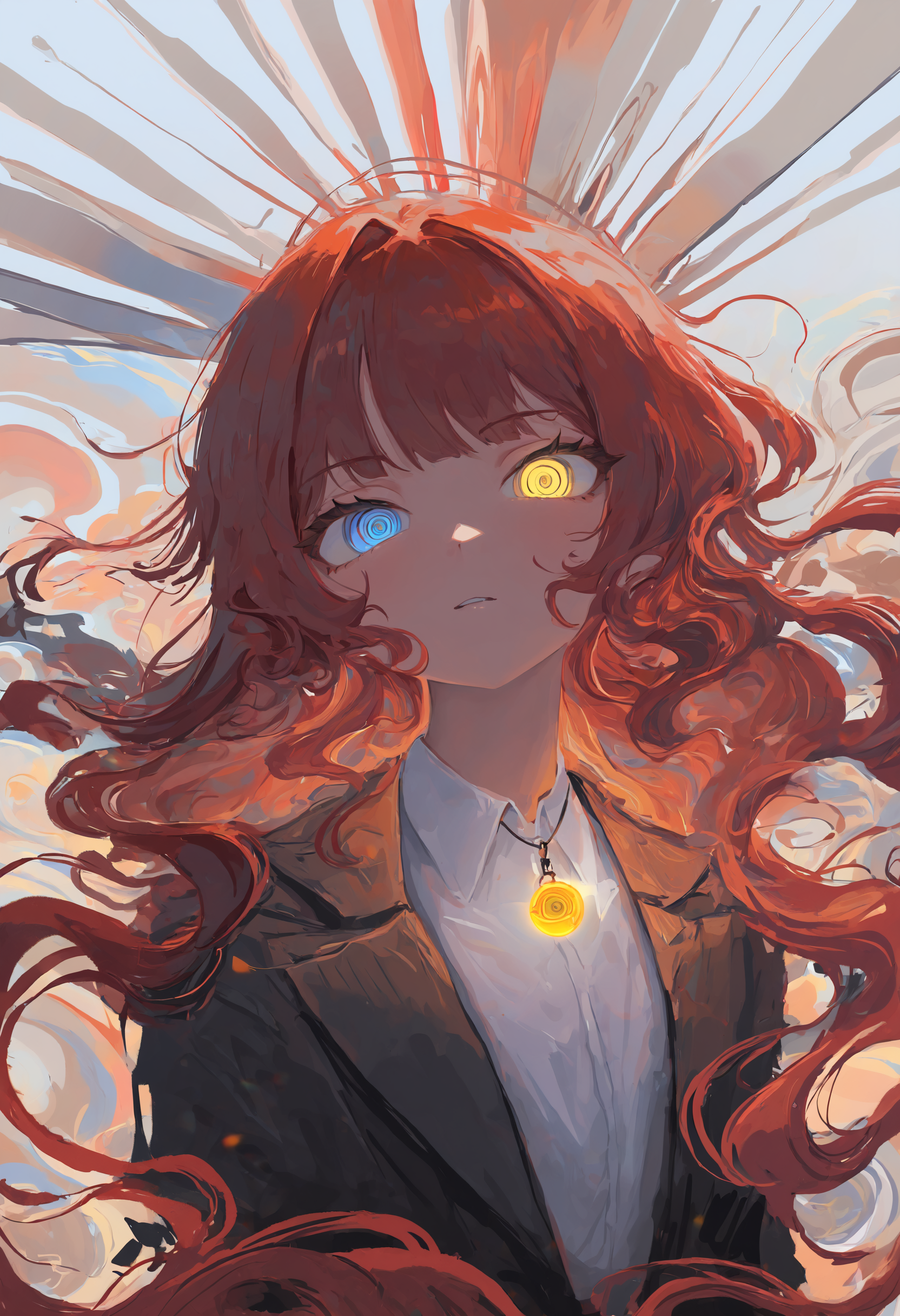 masterpiece, best quality, newest, absurdres, highres, very awa, no lineart, abstract, sketch, surreal, ambient occlusion, white background, Surreal, red hair, formal, glowing, (heterochromia, ringed eyes, blue eyes, yellow eyes), glowing eyes, pendant, glowing pendant, jewelry, looking at viewer, portrait, shirt, long hair, solo, white shirt,
