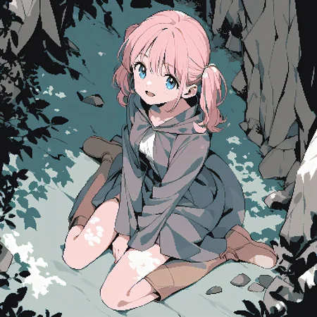 <lora:Fixhands_anime_bdsqlsz_V1:1>,(limited palette, flat color:0.5),line art,black border,from above
solo, girl, pink hair, twintails,blue eyes,wizard robe,small breasts,smile,dappled sunlight, brown boots, sitting, wariza, open mouth, 
,green background,forest background,rock,<lora:RetroCG:1.2>