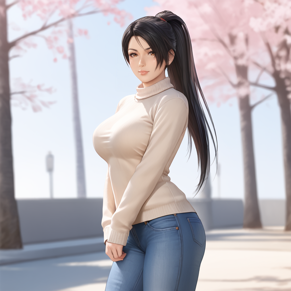 <lora:momijininjagaiden_pony_v1:.8>MomijiNinjaGaiden, 1girl,ponytail, black hair, long hair,  large breasts, lips, brown eyes, cowboy shot, sweater, jeans