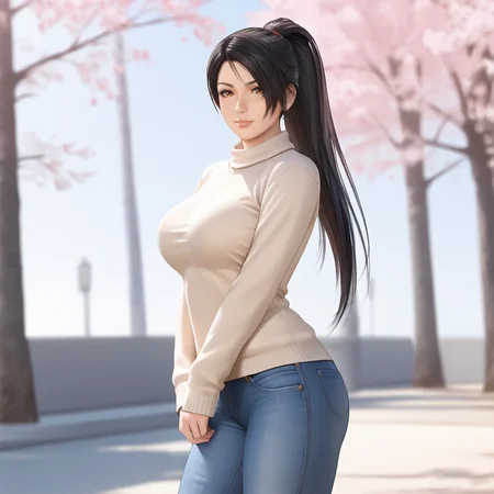 <lora:momijininjagaiden_pony_v1:.8>MomijiNinjaGaiden, 1girl,ponytail, black hair, long hair,  large breasts, lips, brown eyes, cowboy shot, sweater, jeans
