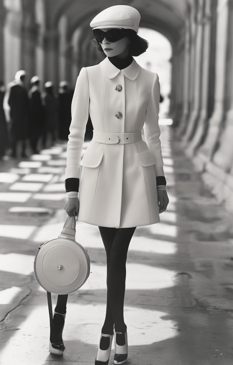 masterpiece,best quality,<lora:tbh321-sdxl:0.9>,illustration,style of Andre Courreges Classic Dior 'Bar Jacket', structured silhouette, neutral tones, Parisian chic street style