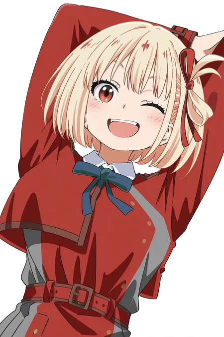 masterpiece, best quality, amazing quality,
<lora:Cynical_IL:1> cynical, 1girl, lycoris uniform, blonde hair, one eye closed, solo, red eyes, ribbon, red ribbon, smile, hair ribbon, dress, red dress, grey dress, two-tone dress, short hair, arms up, red belt, bangs, blue ribbon, ;d, open mouth, looking at viewer, white background, neck ribbon, belt, chisato