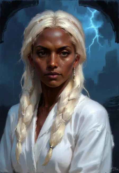 Dark-Fantasy-Cardd-V.2.0 style dark fantasy oil painting with detailed eyes that features a dark skinned, african woman with white dreadlocks in dark fantasy setting, she is wearing a white robe and there is a thunderstorm at night at the background