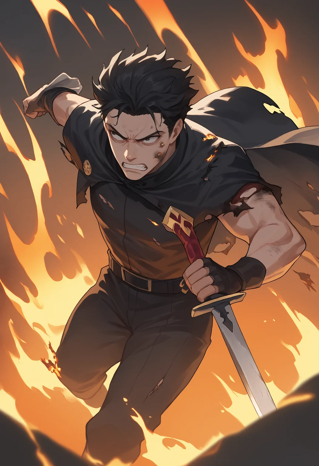 score_9, score_8_up, score_7_up,1boy, burnt clothes, burnt-clothes, (burnt clothes:1.1),dirty, dirty face burning, fire, cape, torn clothes, action shot, holding sword, fire storm, angry, clenched teeth, from above, burned cape, black hair,
<lora:Burned Clothes (pony) v1:1>