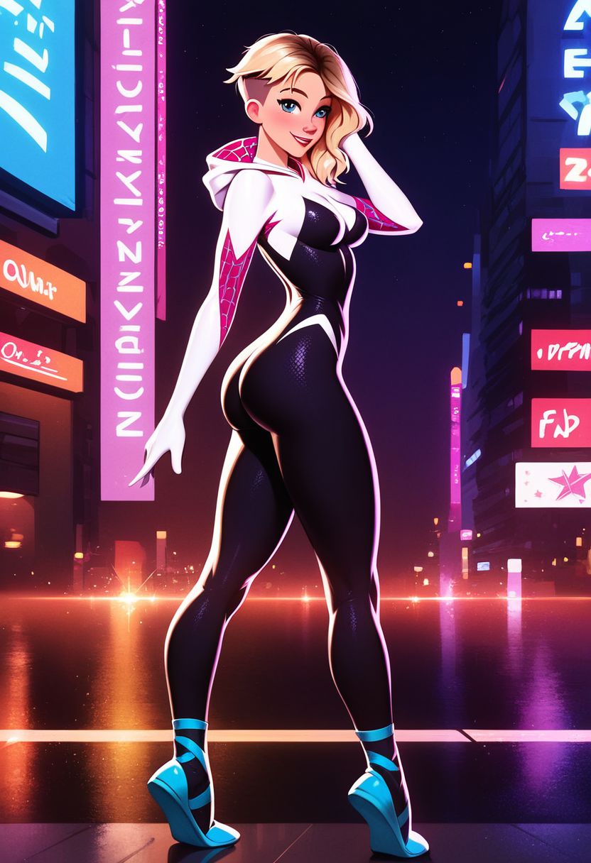 score_9, score_8_up, score_7_up, score_6_up, score_5_up, score_4_up, 1girl, spider gwen, skinny, medium breasts, tiny waist, flat stomach, skin tight costume, textured costume, narrow hips, petite, small body, small tight ass, pinup pose, full body image, side view, New York City at night, outdoors, looking at viewer, happy