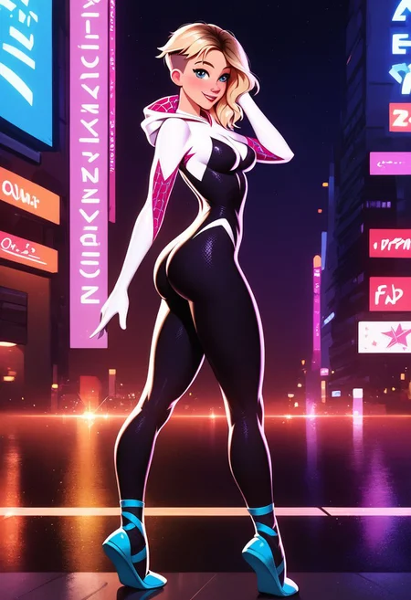 score_9, score_8_up, score_7_up, score_6_up, score_5_up, score_4_up, 1girl, spider gwen, skinny, medium breasts, tiny waist, flat stomach, skin tight costume, textured costume, narrow hips, petite, small body, small tight ass, pinup pose, full body image, side view, New York City at night, outdoors, looking at viewer, happy
