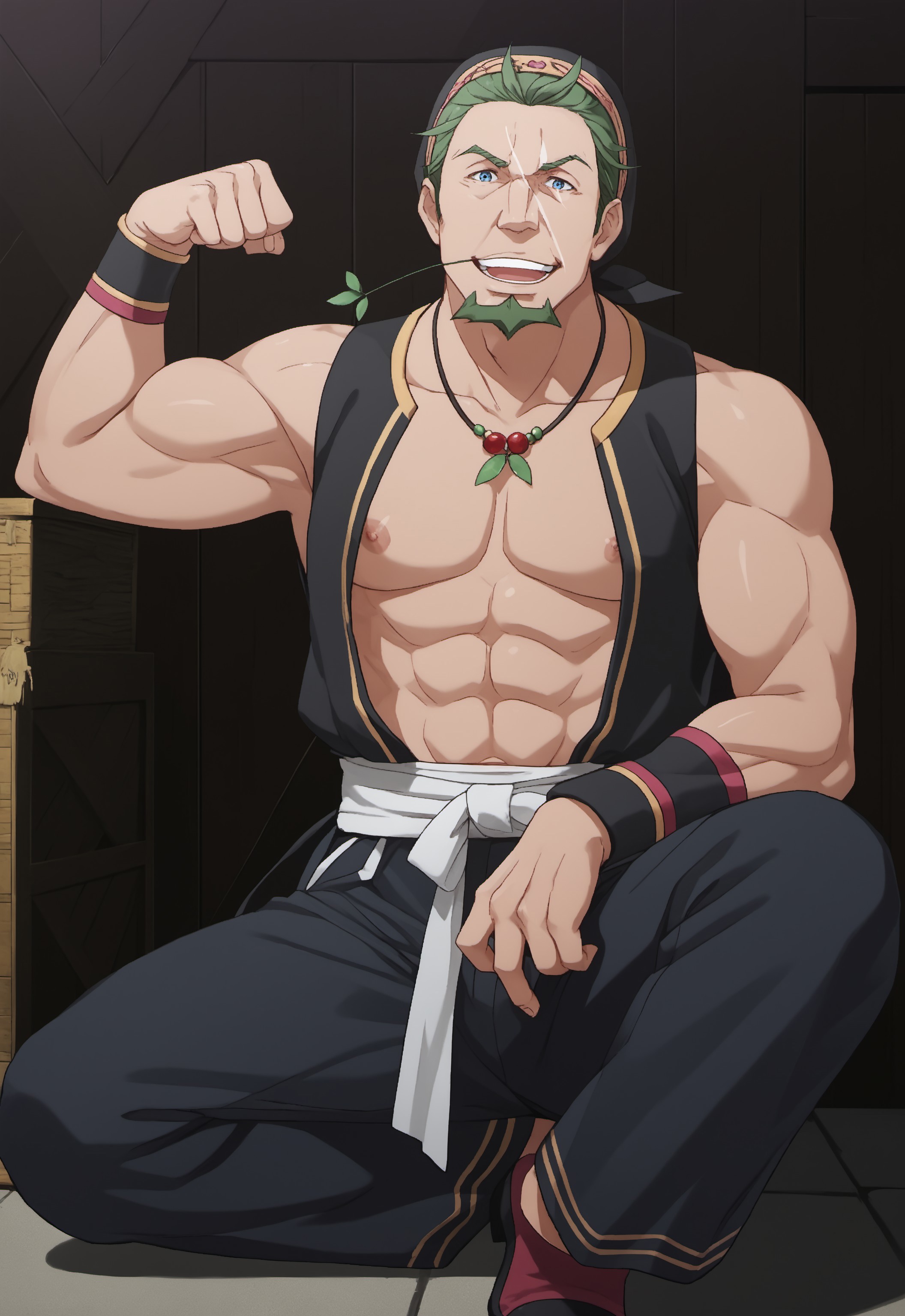 safe_pos, safe_pos, score_9, score_8_up, rating_nsfw, ultra hd, absurdres, best quality, masterpiece, masculine, solo, 1male, male focus, best anatomy, best eyes, best hands, sexiest man alive, erotic, gay porn, hand with five fingers, mature male, 90s cartoon, 90s art style,

ReZeroKadomon, headwear, green hair, blue eyes, goatee, market background, necklace, leaf in mouth, scar on face, full body view, full body, dutch angle, looking at viewer, smiling, flexing bicep, Expressiveh