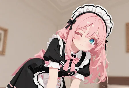 aesthetic, masterpiece, work of art, best quality, best, anime, detailed, score_9, score_8, score_7, Expressiveh, Expressiveh, fabulosity_style, best quality, flat color, no lineart, no outline, blurry background, depth of field, thick eyelashes, maid dress, pink bow, frills, short sleeves, maid headdress, 1 girl, cute, blush, wink, leaning towards viewer
