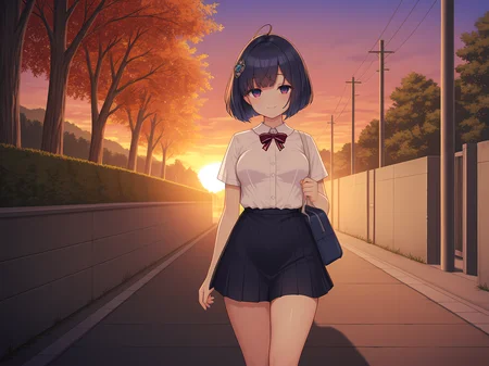 <lora:1:0.7>,1girl,shizuha,alt school outfit,outdoors,medium breasts,looking at viewer,cowboy shot,walking, bag, smile, sunset,, masterpiece,best quality,amazing quality,