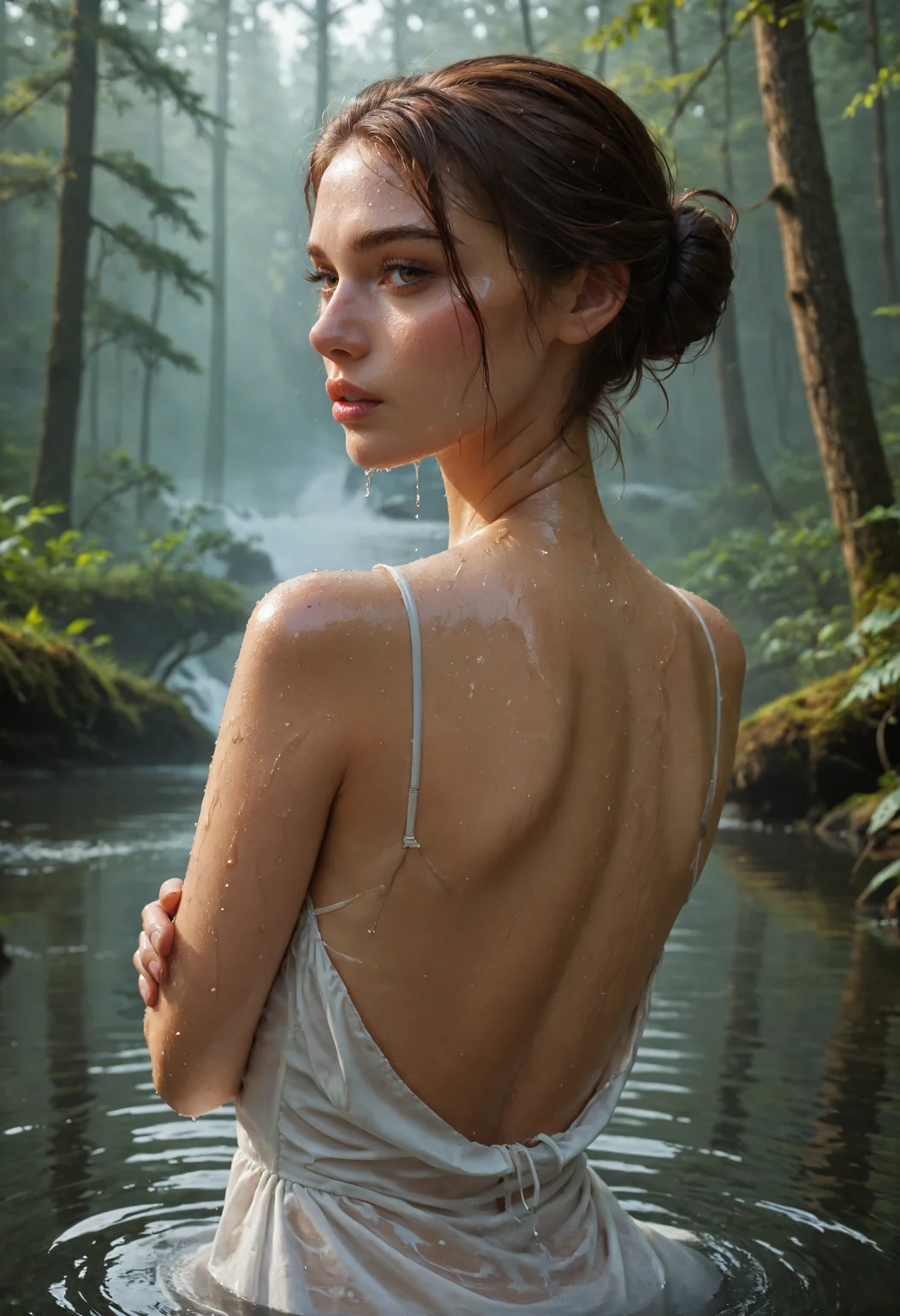score_9, score_8_up, score_7_up,1girl, upper body, from back, brown hair, hair bun, looking at viewer, self hugging, wet white dress, parted lips, in the water, small water source, in the middle of the forest, fog, morning,