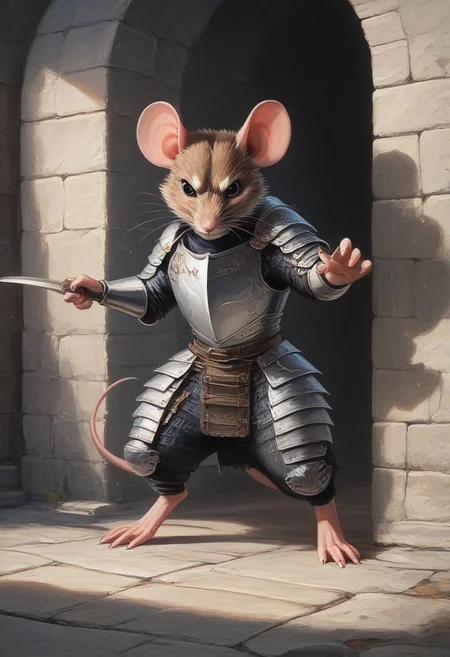 score_9, score_8_up, score_8, solo, (fluffy:1.0), (feral), outdoors, toes, furry, (((mouse)), male, chest, claws, (fluffy cheeks:1.0), fantasy, (plate armor), knight, in the style of beatrix potter, (solo:2), action pose, (swinging sword), angry expression, fluffy fur, long whiskers, black eyes, medieval castle, Thomas Kinkade style,