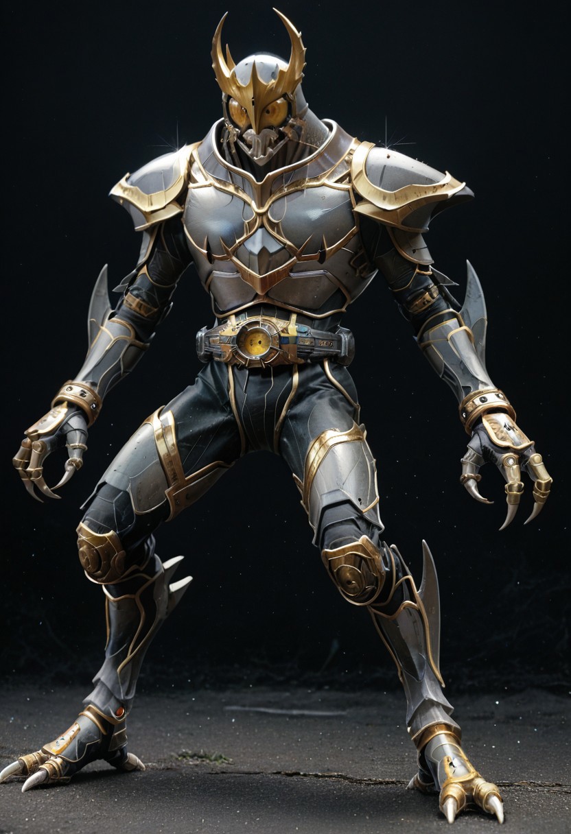 score_9, score_8, score_7, rising, ultimate, anotherkuuga, full body, solo, Grey armor, gold trim, black bodysuit, gold eyes, claw /(weapon/), claw /(weapon/), helmet, tokusatsu, belt,