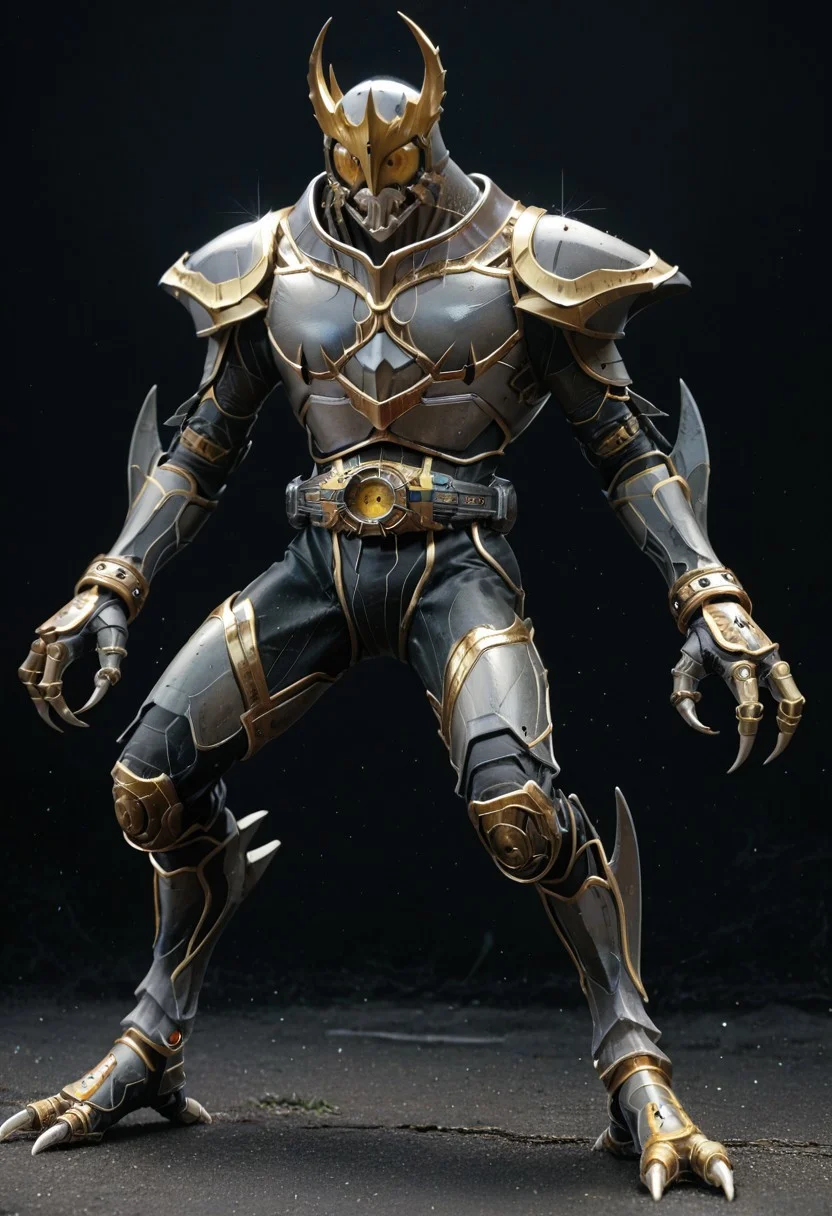 score_9, score_8, score_7, rising, ultimate, anotherkuuga, full body, solo, Grey armor, gold trim, black bodysuit, gold eyes, claw /(weapon/), claw /(weapon/), helmet, tokusatsu, belt,