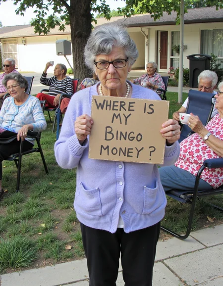In a medium shot from a slightly elevated angle, an older woman of petite build with short, curly gray hair is holding up a sign that says, âWHERE IS MY BINGO MONEY?!â She stands in front of a retirement home with a serious yet humorous look on her face, as if sheâs both joking and deadly serious at the same time. Dressed in a cozy lavender cardigan, pearl necklace, and glasses perched on the tip of her nose, she glares at the camera with a side-eye that says she wonât leave until her bingo winnings are accounted for. Behind her, a group of seniors in lawn chairs seem amused, some raising teacups in a mock salute, while one woman sneaks a glance at her crossword puzzle. The sign is shaking slightly in the womanâs determined grip, as a soft breeze ruffles the leaves of the nearby trees <lora:amateurphoto-v6-forcu:0.8>