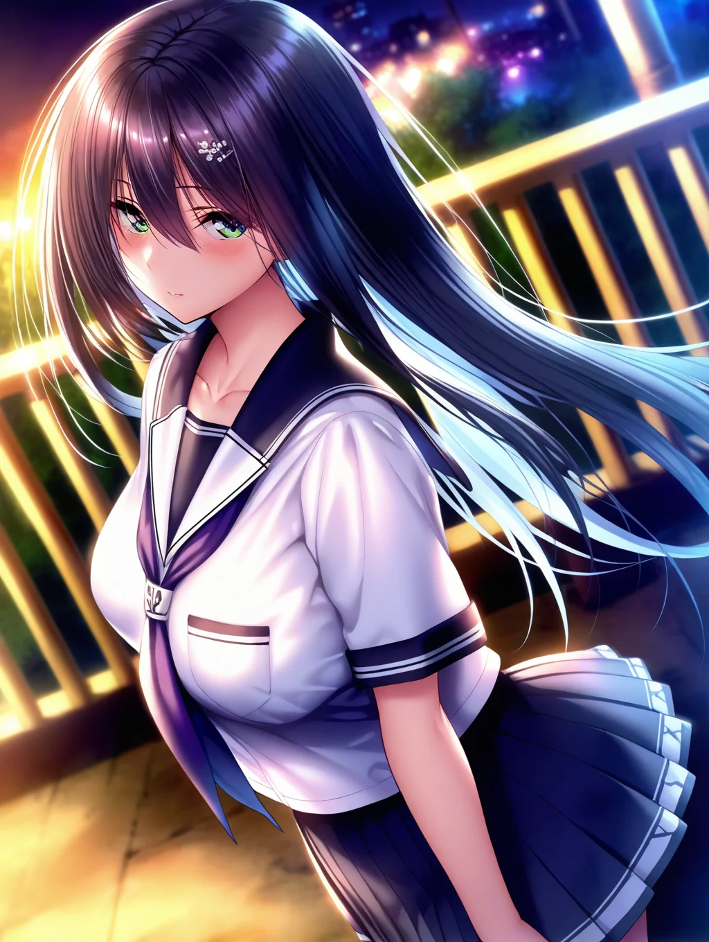 (masterpiece,best quality,ultra_detailed,highres,absurdres:1.2,amazing quality,very aesthetic),<lora:Himiyama Rei ilxl_v1-000012:0.8>,1girl, long hair, skirt, solo, green eyes, sailor collar, pleated skirt, floating hair, shirt, hair ornament, white shirt, school uniform, short sleeves, hair between eyes, miniskirt, outdoors, sailor shirt, collarbone, very long hair, looking at viewer, closed mouth, blurry background, black sailor collar, breasts, black hair, serafuku, neckerchief, black skirt, blurry, night, purple neckerchief, standing, dutch angle, straight hair, rei\(Amakano 2\), (masterpiece,best quality,ultra_detailed,highres,absurdres:1.2,amazing quality,very aesthetic),Smooth Negative,