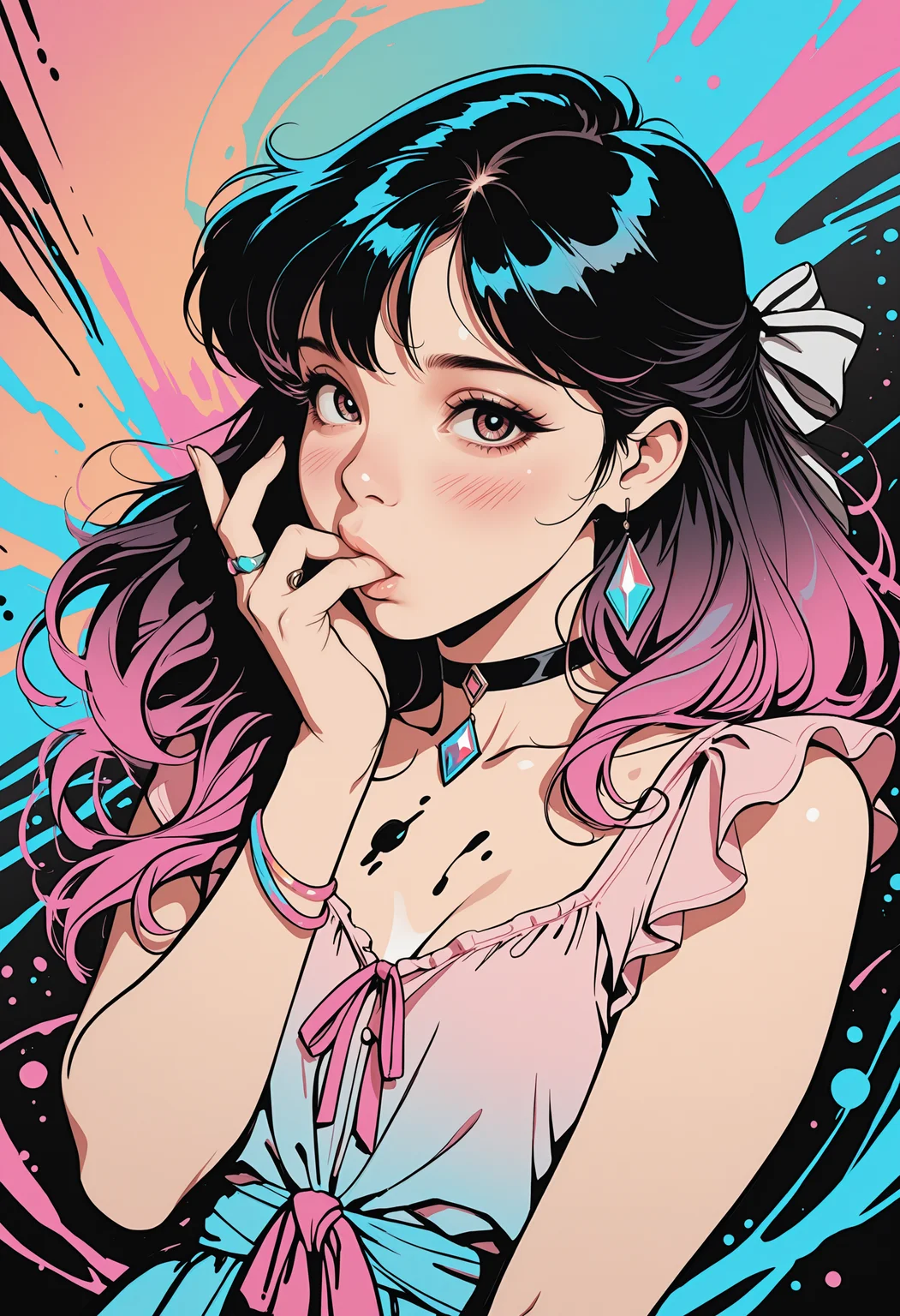 masterpiece, high_quality, highres, flat_colors, gradient, retro_colors, sketch,
ribbon_tied_blouse, age_24, choker_with_gem, long_lashes,
sucking_finger, blush, looking_at_viewer,
ink_splash, rings, abstract, dynamic_angle, cinematic,