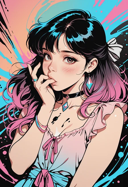 masterpiece, high_quality, highres,  flat_colors, gradient, retro_colors, sketch,
ribbon_tied_blouse, age_24, choker_with_gem, long_lashes,
sucking_finger, blush, looking_at_viewer,
ink_splash, rings, abstract, dynamic_angle, cinematic,