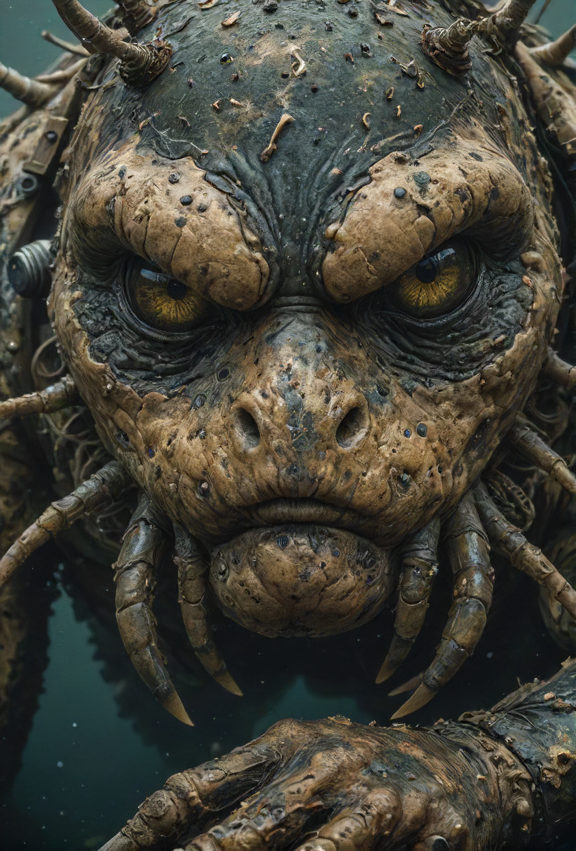 a big marine, a giant with a pair of friendly eyes, camouflage, <lora:Desolation:0.2>