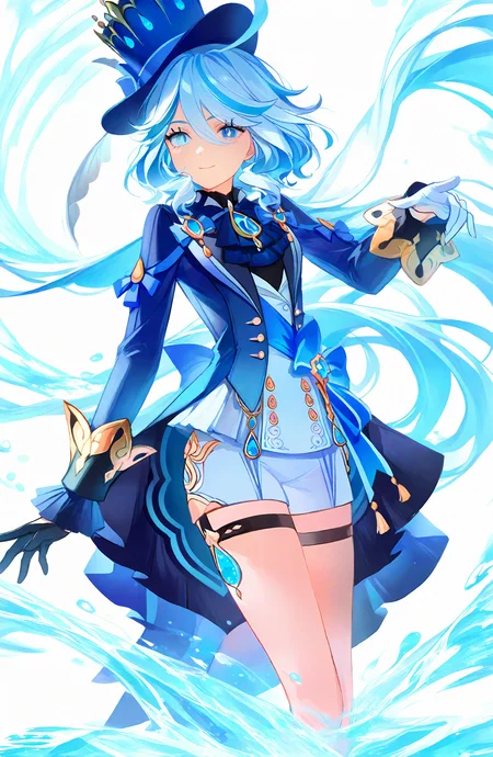 furina_\(genshin_impact\), 1girl, solo, long_hair, looking_at_viewer, smile, blue_eyes, long_sleeves, white_background, gloves, hat, hair_between_eyes, closed_mouth, very_long_hair, blue_hair, jacket, ahoge, multicolored_hair, shorts, black_gloves, white_gloves, water, ascot, thigh_strap, blue_jacket, blue_headwear, white_shorts, top_hat, light_blue_hair, asymmetrical_gloves, blue_gemstone, mismatched_gloves, blue_ascot, blue_brooch