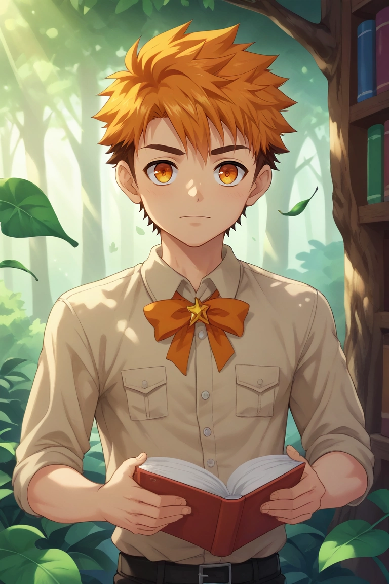 score_9, score_8_up, score_7_up, source_anime, rating_safe, , anime screencap, anime coloring, official style, looking at viewer, , 1boy, solo, male focus, <lora:hiro_akiba_pony:0.94>, hiro_akiba, orange hair, orange eyes, short hair, multicolored hair, brown hair, , forest library, tree shelves, leaf canopy, reading nooks, studying pose, absorbed expression, dappled sunlight, , <lora:sdxl_lightning_8step_lora:1>