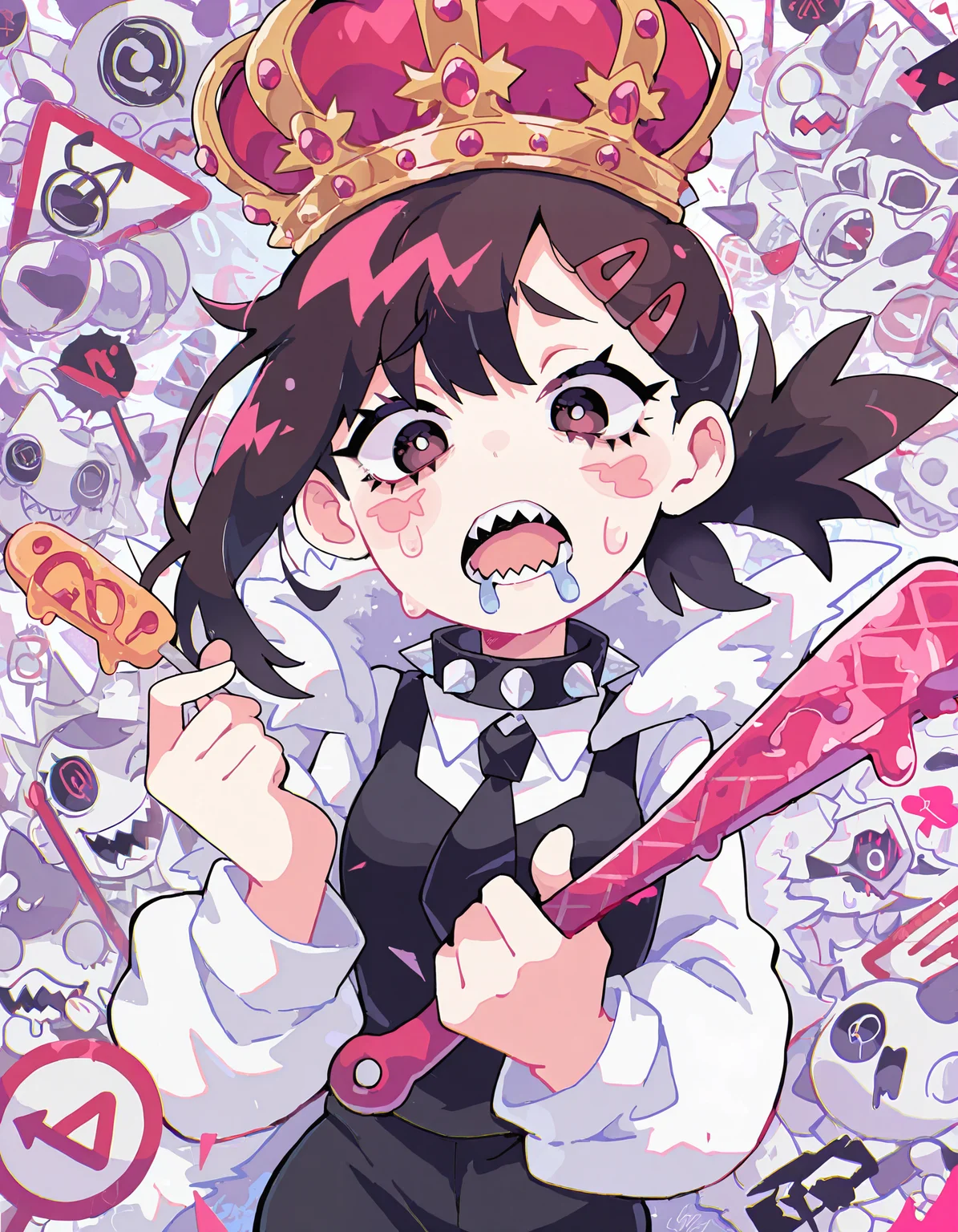 masterpiece, best quality,high quality, newest, highres,absurdres, <lora:sowasowart_style-000016:1>,s0wasow4rt_illu,abstract,higashiyama kobeni, 1girl, sharp teeth, teeth, spikes, spiked collar, collar, food, holding, drooling, crown,wind,danger_sign