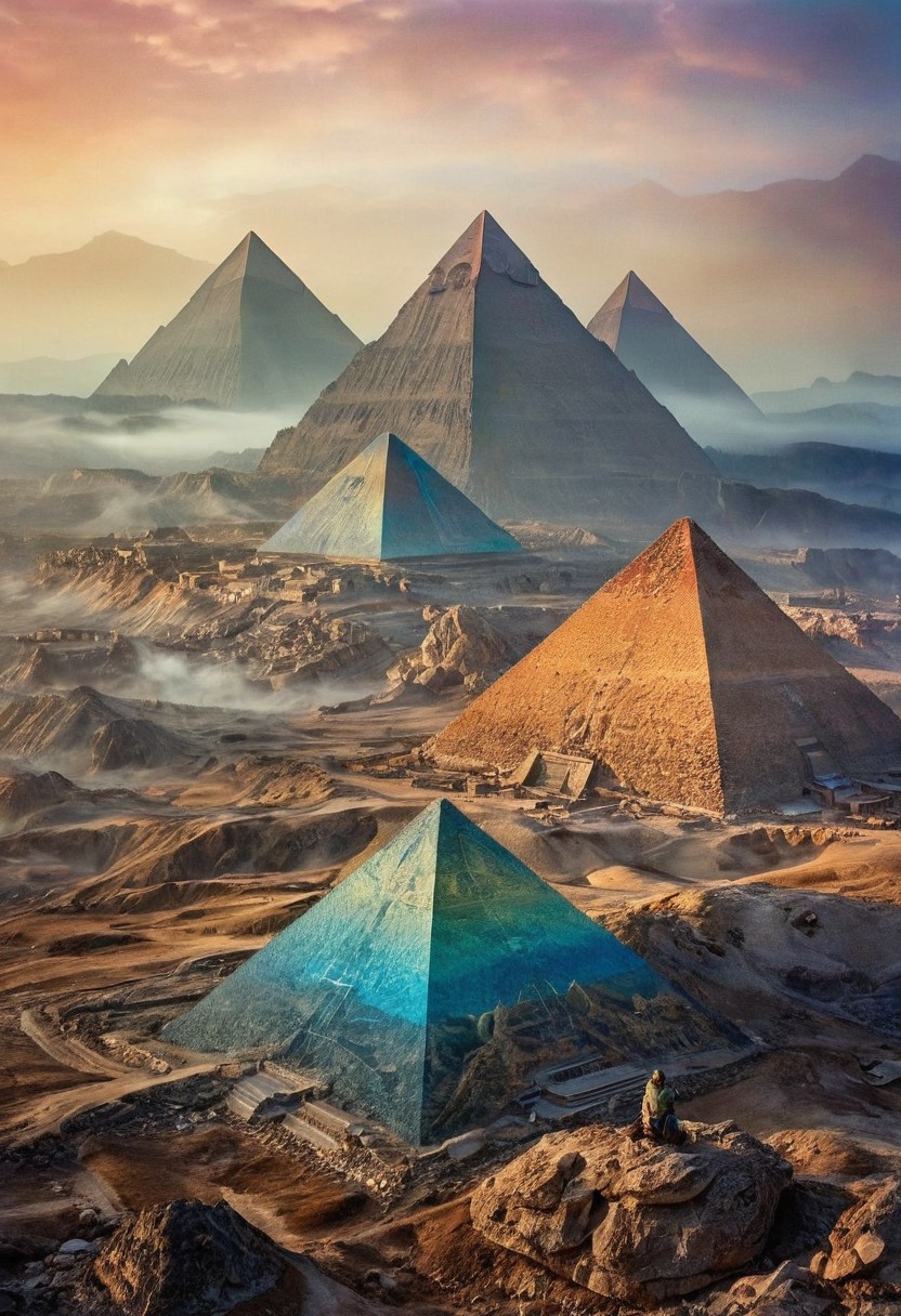 their peaks veiled in mist. mixed media, surrealism, great lighting, A surreal landscape highly detailed . extremely high-resolution details,  appears trapped in an optical illusion of reflections and refractions colorful , great pyramids build on ountains, professional photography, natural lighting, volumetric lighting maximalist. intricately detailed, complex, elegant, expansive, fantastical, film photography style,  medium grain