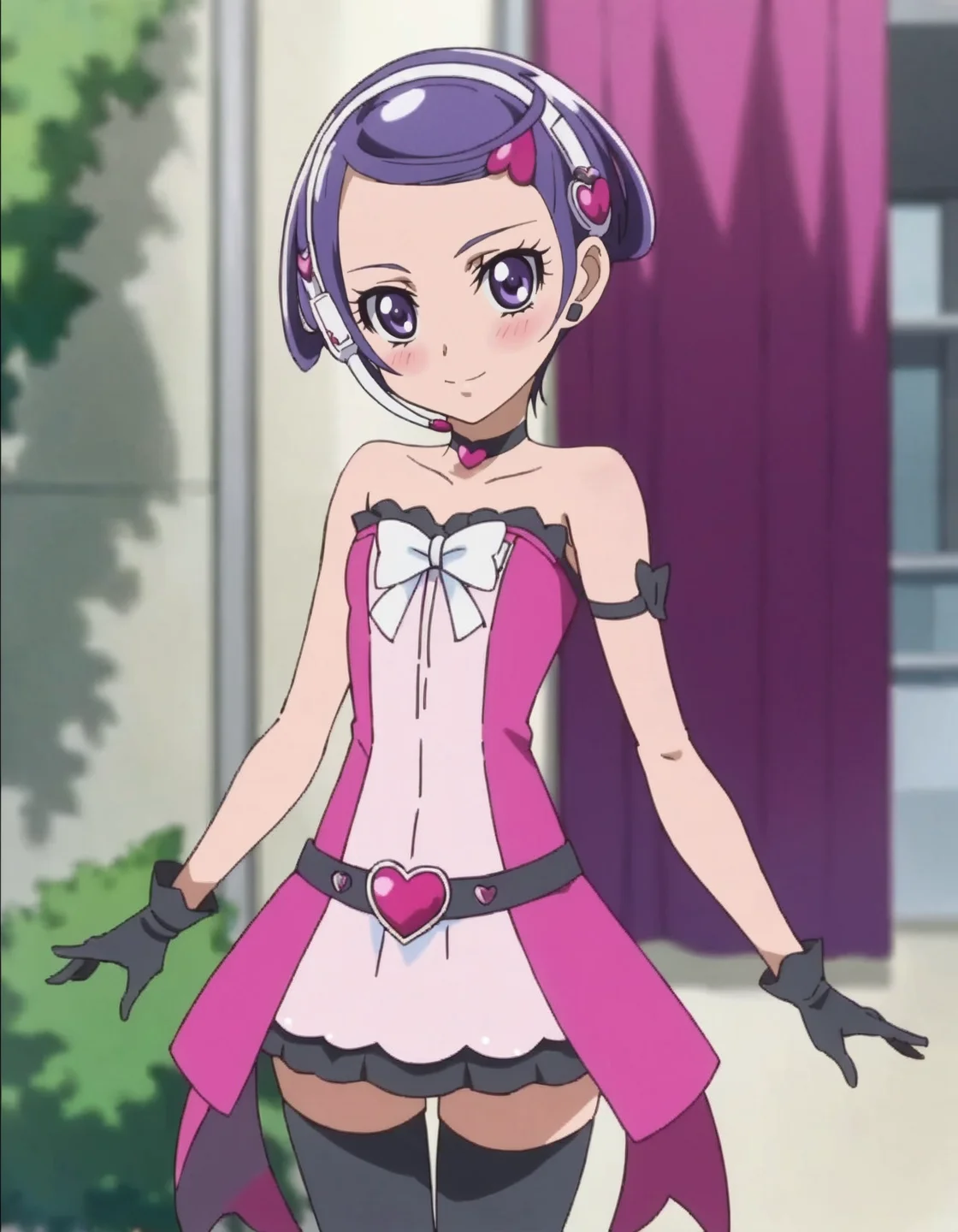 score_9, score_8_up, score_7_up, anime screencap, solo,1girl,kenzakimakoto smile, pink dress, black gloves,black belt,white bow, headphones, choker, bare shoulders, hair ornament, zettai ryouiki, black thighhighs, strapless, heart, headset,looking at viewer,cowboy shot ,small breasts,blush<lora:kenzakimakoto:0.8>