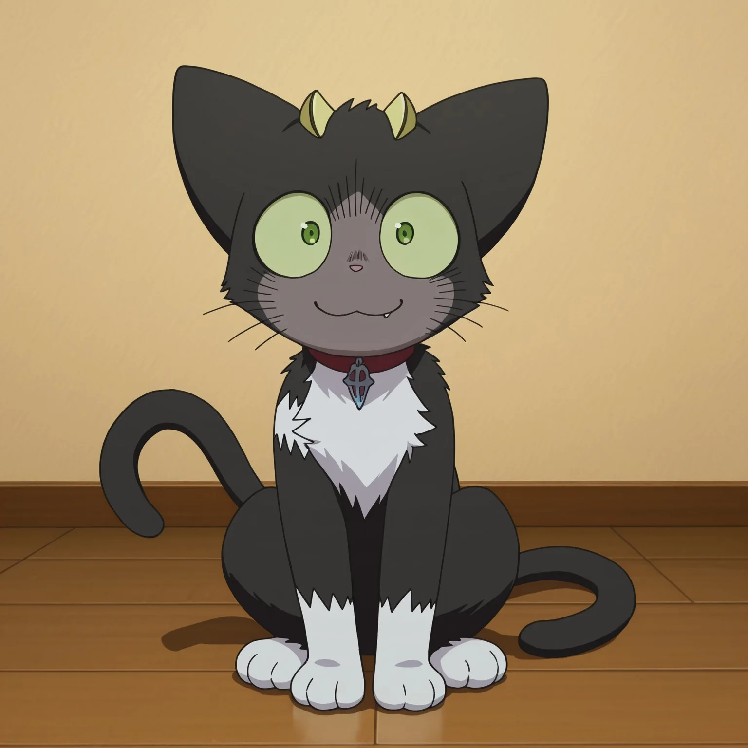 2d, 1boy, solo, Kuro, male, feral, feline, cat, animal ears, cat ears, black fur, small yellow horns, pale green sclera, green eyes, pink nose, white fur, white chest fur, two tails, white paws, red collar
BREAK sitting, looking at viewer, smile, happy
BREAK best quality, amazing quality, very aesthetic, absurdres, newest, masterpiece