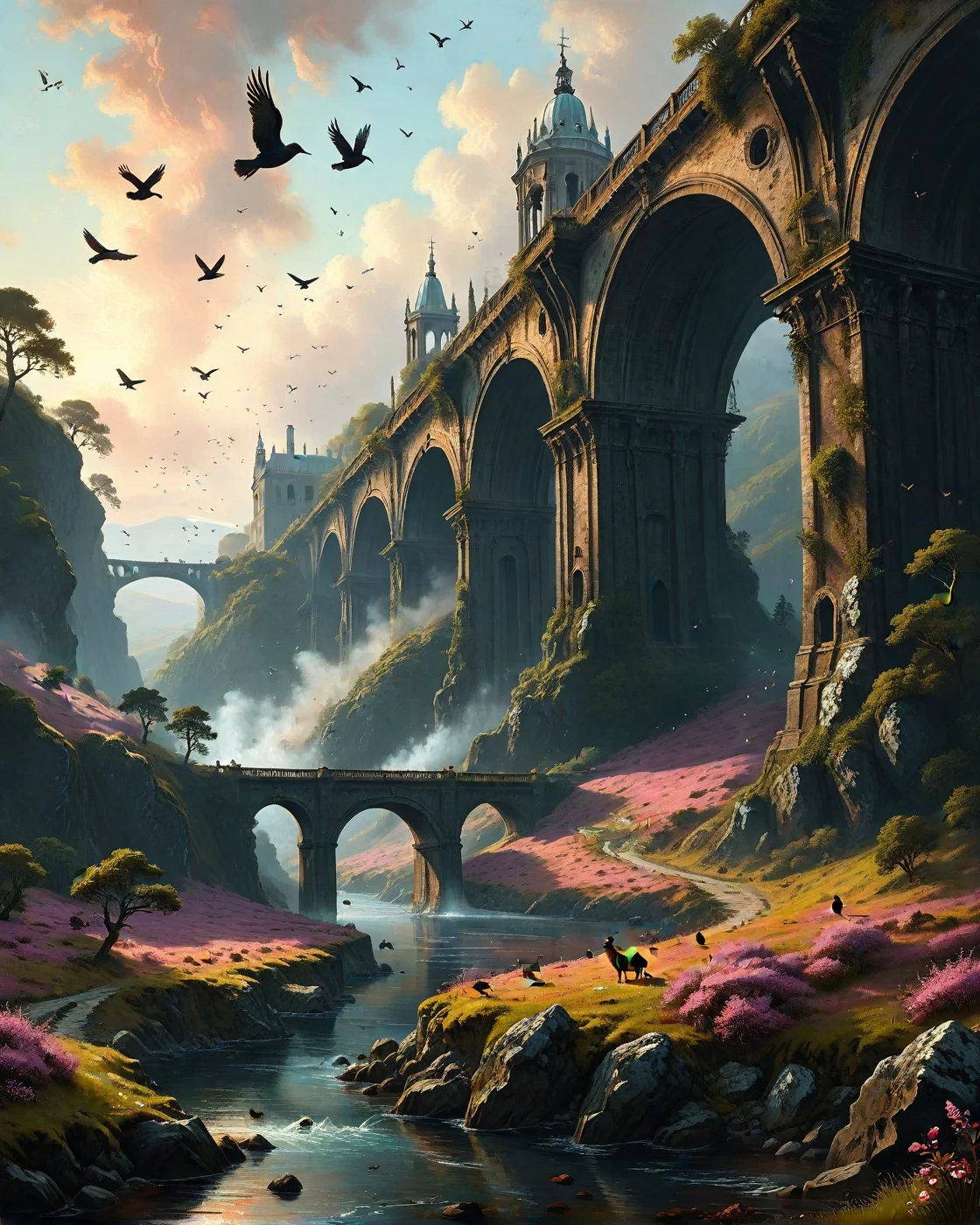 Hans Gude (Nordic waters), Volcanic foothills covered in heather, flock of starlings swirling, abandoned railway viaduct,roe deer barking alarm.Liquid crystal palace mimicking collective mood,
artstation, trending on artstation, highly detailed fantasy art, stocking, intricate, elegant, highly detailed, centered, digital painting, concept art, smooth, sharp focus,
<lora:tbh124-sdxl:0.15> style of Jean-Antoine Watteau,
<lora:tbh112-sdxl:0.15> style of Gregory Fromenteau
<lora:add-detail-xl:0.7>
<lora:Flux-XL_Scenery:0.15> flux-scenery,
<lora:Flux-style-xl-lora:0.15> flux-style
<lora:1dkXLP:0.15> 1dk,
<lora:urotatoXL10a:0.15> ur0tat0xl10a,
<lora:extremely_detailed:0.7> extremely detailed, Baroque art style, dynamic composition, dramatic lighting, rich colors, intricate details, professional-grade execution, captures the grandeur and theatricality of the Baroque period
