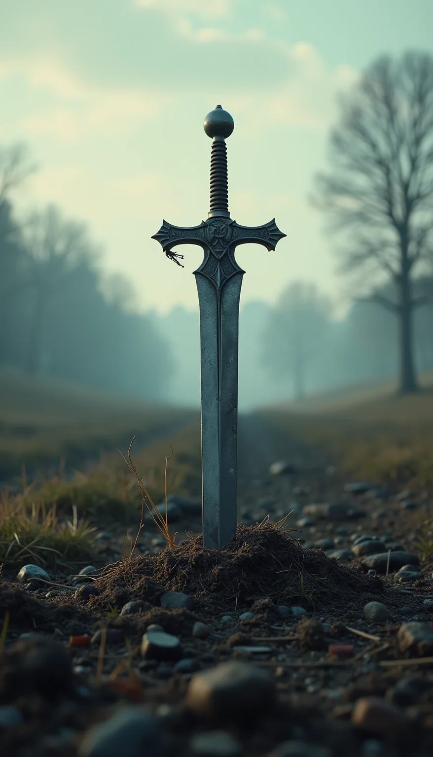 a scenery of a planted excalibur sword on the post-war battlefield, damaged, cinematic view, extremely detail