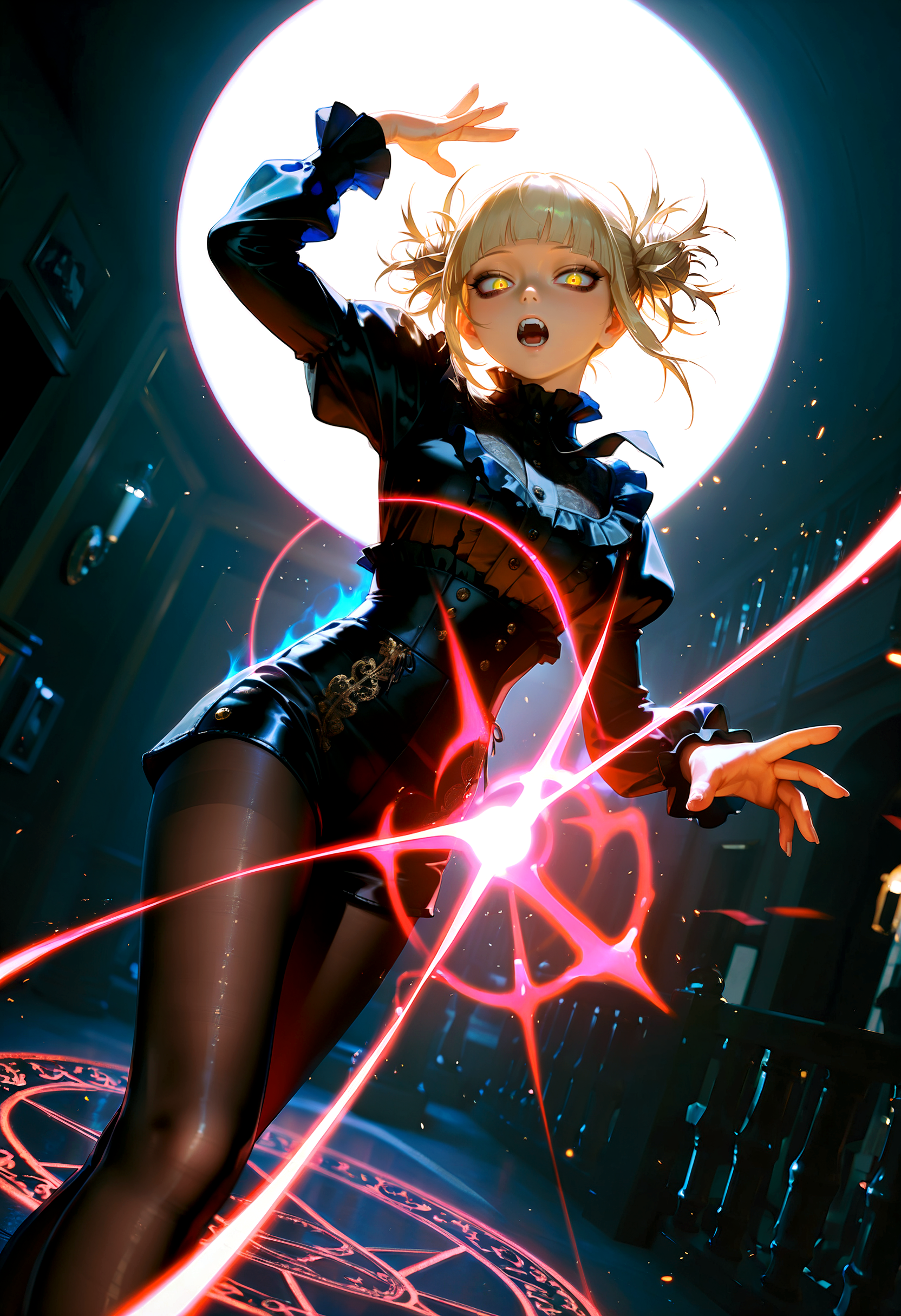 masterpiece, best quality, detailed, photorealistic, photo background, photo \(medium\), photography \(artwork\), volumetric lighting, dramatic lighting, backlighting, toga himiko, :o, alternate costume, fingernails, looking at viewer, high waisted shorts, frilled shirt, juliet sleeves, ornate clothes, pantyhose, fine fabric emphasis, casting spell, magic circle, summoning circle, glowing aura, light particles, action pose, dynamic pose, perspective, dutch angle, dark theme, sinister, bleak ambiance,