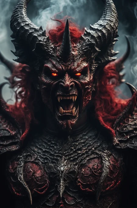Horror-themed cinematic film still,a horrifying red-skinned male demon king, (full body portrait:1.3), (detailed monstrous evil face:1.4), screaming, wide spread bat like wings, (detailed scaly skin texture:1.2), long curved horns, (in hell, swirling tormented souls, billowing smoke:1.5), black spiky armor,, shallow depth of field, vignette, highly detailed, high budget, bokeh, cinemascope, moody, epic, gorgeous, film grain, grainy . Eerie, unsettling, dark, spooky, suspenseful, grim, highly detailed