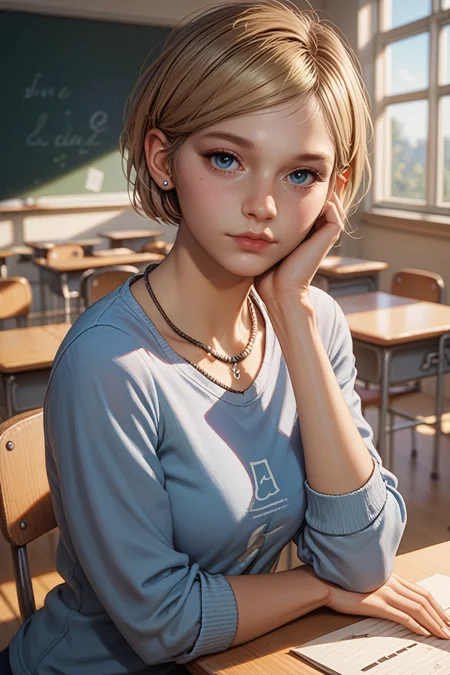 score_9, score_8_up, score_7_up,
 <lora:TLOUSarah:0.8>
TLOUSarah, 1girl, short hair, blue eyes, blonde hair, looking at viewer, wearing casual outfit, writing notes in a classroom, focused expression