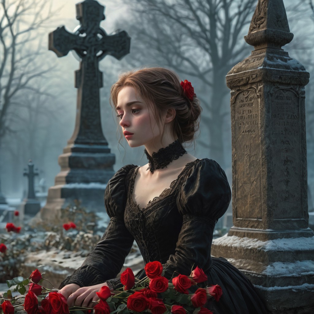 epiCRealism, masterpiece, highly detailed, one girl, pale and delicate, mourning in front of a tomb in a frozen winter morning, mist still clings to the ground while a timid Sun rises on the horizon, a bright red bouquet of roses lays on the tombstone, she wears a highly detailed black laced Victorian dress and sits on the earth in front of the tomb, the skirt spreads around her, view from the side, a small tear drops through her cheek,
