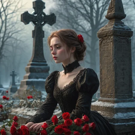 epiCRealism, masterpiece, highly detailed, one girl, pale and delicate, mourning in front of a tomb in a frozen winter morning, mist still clings to the ground while a timid Sun rises on the horizon, a bright red bouquet of roses lays on the tombstone, she wears a highly detailed black laced Victorian dress and sits on the earth in front of the tomb, the skirt spreads around her, view from the side, a small tear drops through her cheek,