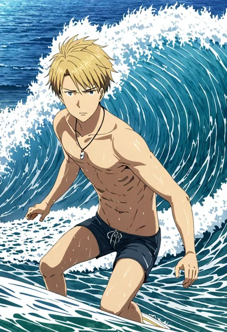 high resolution, solo, best quality, 1Boy, Yamato Ishida, Blond Hair, Necklace, necklace, shirtless, wave, surfing, OverallDetail