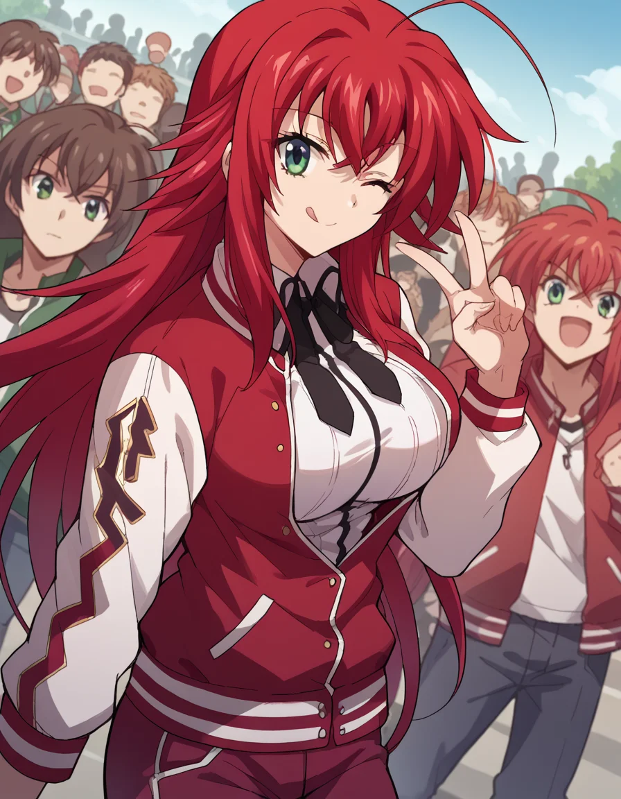 score_9, score_8_up, score_7_up, source_anime, <lora:rias-gremory-ponyxl-lora-nochekaiser:1>, rias gremory, huge ahoge, long hair, hair between eyes, green eyes, red hair, large breasts, <lora:letterman-jacket-ponyxl-lora-nochekaiser:1>, letterman jacket, jacket,, outdoors, crowd, people, v, v over eye, one eye closed, tongue out, smile, beanie, pants, open clothes, open jacket,, cowboy shot, solo, looking at viewer, dutch angle,