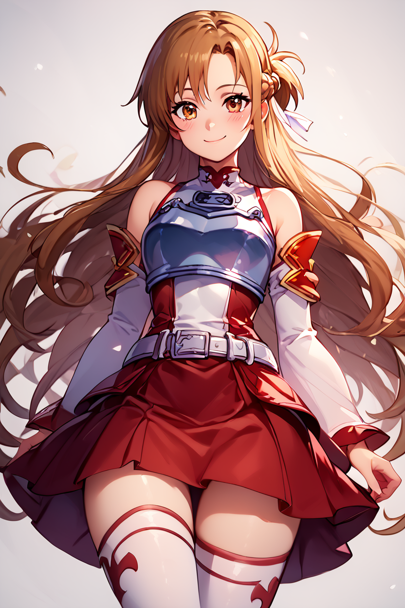 score_9, score_8_up, score_8, medium breasts, (curvy), cute, eyelashes,       BREAK, , zzAsuna, asuna (sao), long hair, brown hair, brown eyes, braid, very long hair,  thighhighs, bare shoulders, detached sleeves, armor, white thighhighs, breastplate, red skirt,   <lora:Asuna_SAO_PDXL_v3:0.8>,, BREAK, closed mouth, alternate costume, smile, looking at viewer, blush, zzLFashion, cowboy shot,  embedding:zPDXL, Expressiveh,  <lora:Vivid:0.7>,  <lora:LFashionPDXL:1>,  <lora:Uncensored_PonyXL_cpt_v02.09:0.4>,  <lora:Expressive_H-000001:0.4>,