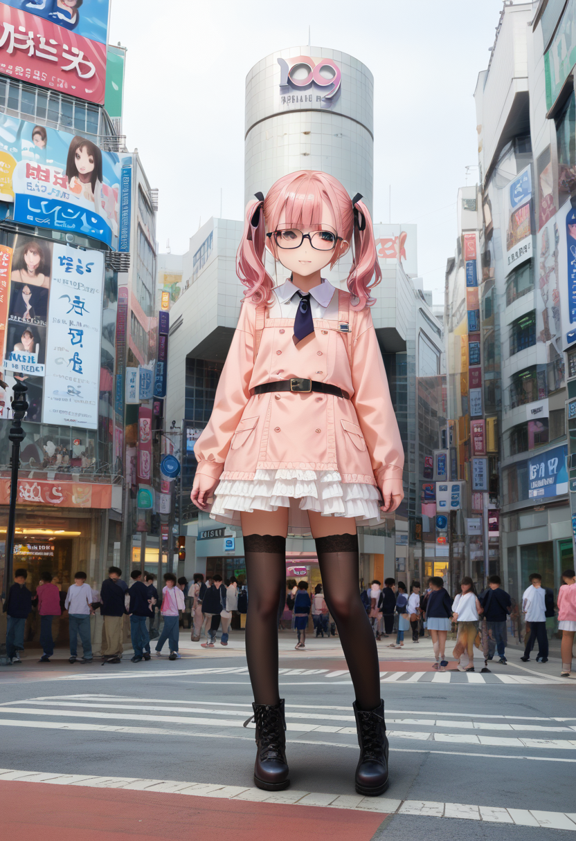 score_9, score_8_up, score_7_up, rating_safe, masterpiece, best quality, absurdres, unity 8k wallpaper, official art, official style, source_anime, uncensored, game cg, megami magazine,
1girl, glasses, pink hair, twintails, blouse, black ribbon, cross-laced clothes, frilled skirt, black legwear, lace-up boots, looking at another, standing, solo focus,
shibuya109, storefront, city, real world location, street, building, road, crosswalk, scenery, outdoors, sign, 6+boys, photo background, traffic light, cityscape, people, multiple girls, skyscraper
 <lora:shibuya109_pony_V1:1>