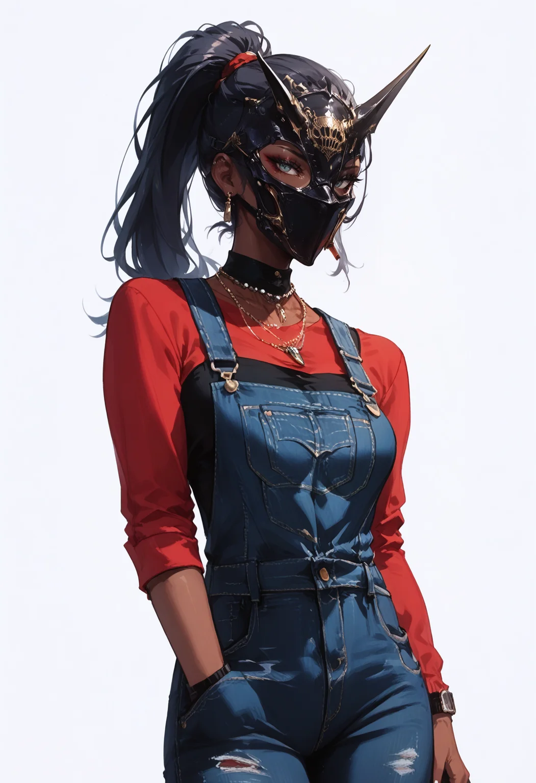 score_9, score_8_up, score_7_up score_9, score_8_up, score_7_up, score_6_up, score_5_up, score_4_up,
<lora:SinisterMasksV3:0.9>, (m4sk, mask),
1girl, solo, ponytail, simple background, dark skin, necklace, dark-skinned female, overalls