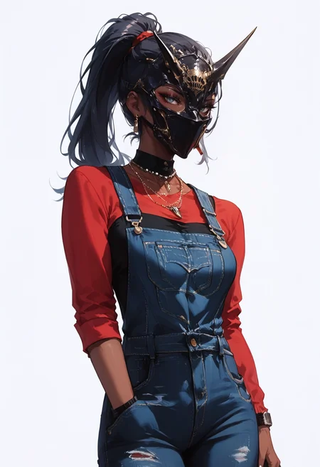 score_9, score_8_up, score_7_up score_9, score_8_up, score_7_up, score_6_up, score_5_up, score_4_up,
<lora:SinisterMasksV3:0.9>, (m4sk, mask),
1girl, solo, ponytail, simple background, dark skin, necklace, dark-skinned female, overalls
