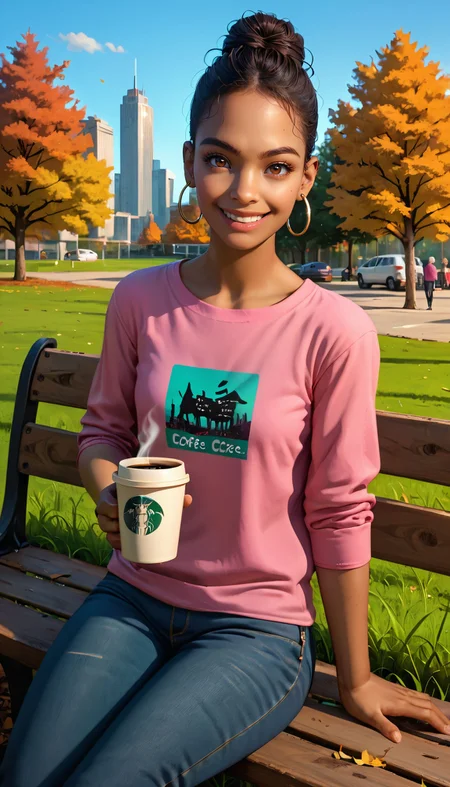 zPDXL3, <lora:l4d_rochelle:.8>,
l4d_rochelle, dark skinned female, brown eyes, black hair, hair bun, hoop earrings, pink shirt, jeans, looking at viewer, serious, smiling, sitting, on bench, outside, park trees, autumn, grass, holding coffee cup, city, blue sky,