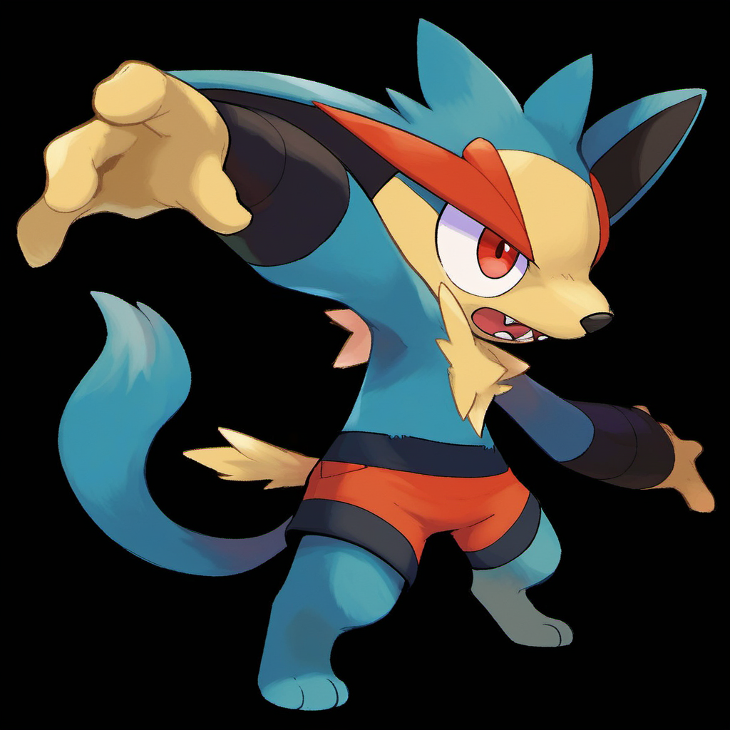 source_furry, rating_safe,  <lora:pokemon_pony_xl:0.6>, Type: Fighting, Type: Steel, Egg Group: Field and Human-Like, is a bipedal, canine-like Pokémon with predominantly blue and black fur, It possesses a short, round spike on the back of each forepaw, in addition to a third on its chest, It has red eyes, a long snout, and ears, When its mouth is open, two pairs of pointed teeth, one in the upper jaw and one in the lower, can be seen, It possesses cream-colored fur on its torso and blue fur on its thighs that resemble shorts, It has a medium-length tail of the same blue color as well, It stands on its toes rather than on its entire foot, It has developed four black appendages that hang down from its head, which rise when   reads or manipulates aura, a special energy that it senses, score_9, score_8_up, score_7_up, score_6_up, score_5_up, score_4_up