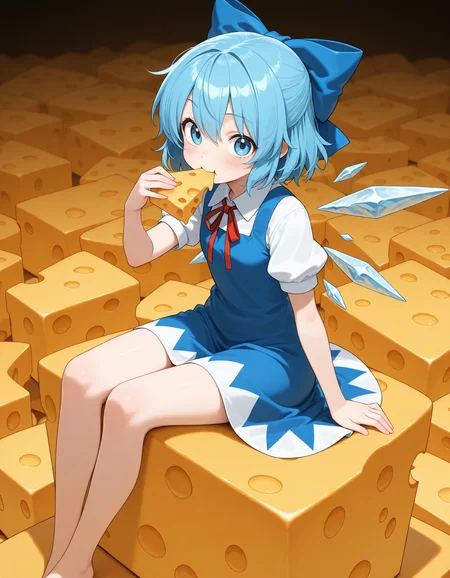 masterpiece, best quality, amazing quality, 1girl, solo, cirno, sitting on cheese, cheese, too many cheese, eating cheese, cheese background,