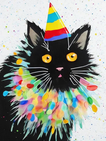 <lora:SDXL_Happy_Birthday_Sa_May-v7:1> a fluffy black cat with striking yellow eyes. The cat is wearing a vibrant multi-colored party hat, which is predominantly decorated in stripes of orange, blue, red, yellow, and green. At the top of this hat, there's an explosion of colorful confetti. The background of the image consists of a pale blue canvas speckled with what appears to be watercolor splatters in various shades.