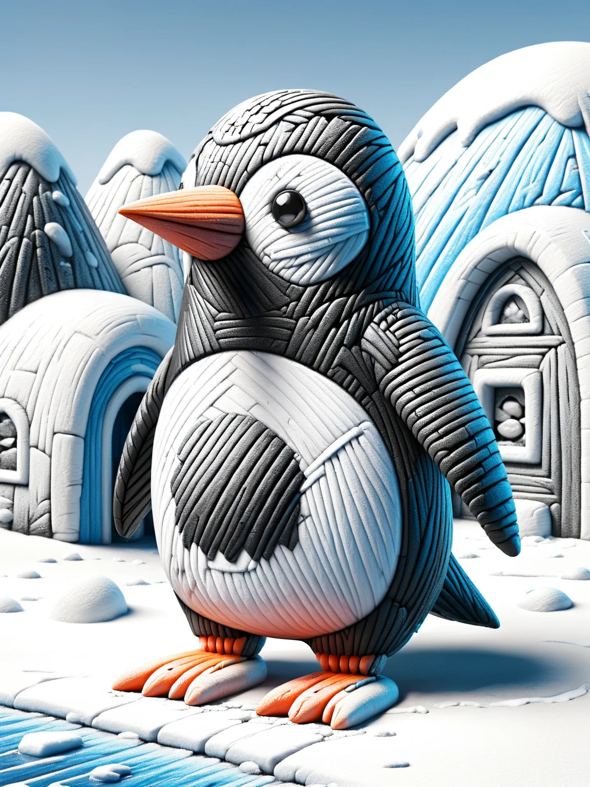 An ais-crayz penguin, stood outside an igloo in the tundra, detailed, mountains in background <lora:Kids_Crayon_Style_SDXL:1>