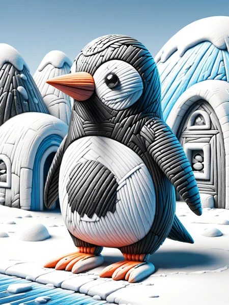 An ais-crayz penguin, stood outside an igloo in the tundra, detailed, mountains in background <lora:Kids_Crayon_Style_SDXL:1>