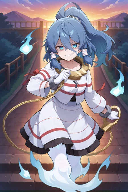 absurdres, highres, masterpiece, best quality, amazing quality, official anime artwork, screencap, anime screencap, outdoors, looking at viewer, evil smile, dynamic pose,
<lora:Mizuchi-Miyadeguchi_Illustrious:1> miyadeguchi mizuchi, 1girl, solo, blue eyes, blue hair, long hair, hair tubes, ponytail, ghost tail,, skull hair ornament, white gloves, white shirt, long sleeves, striped shirt, striped skirt, chain, cuffs, shackles, gold handcuffs, sleeve ribbon, red ribbon,
blue flames, fire,