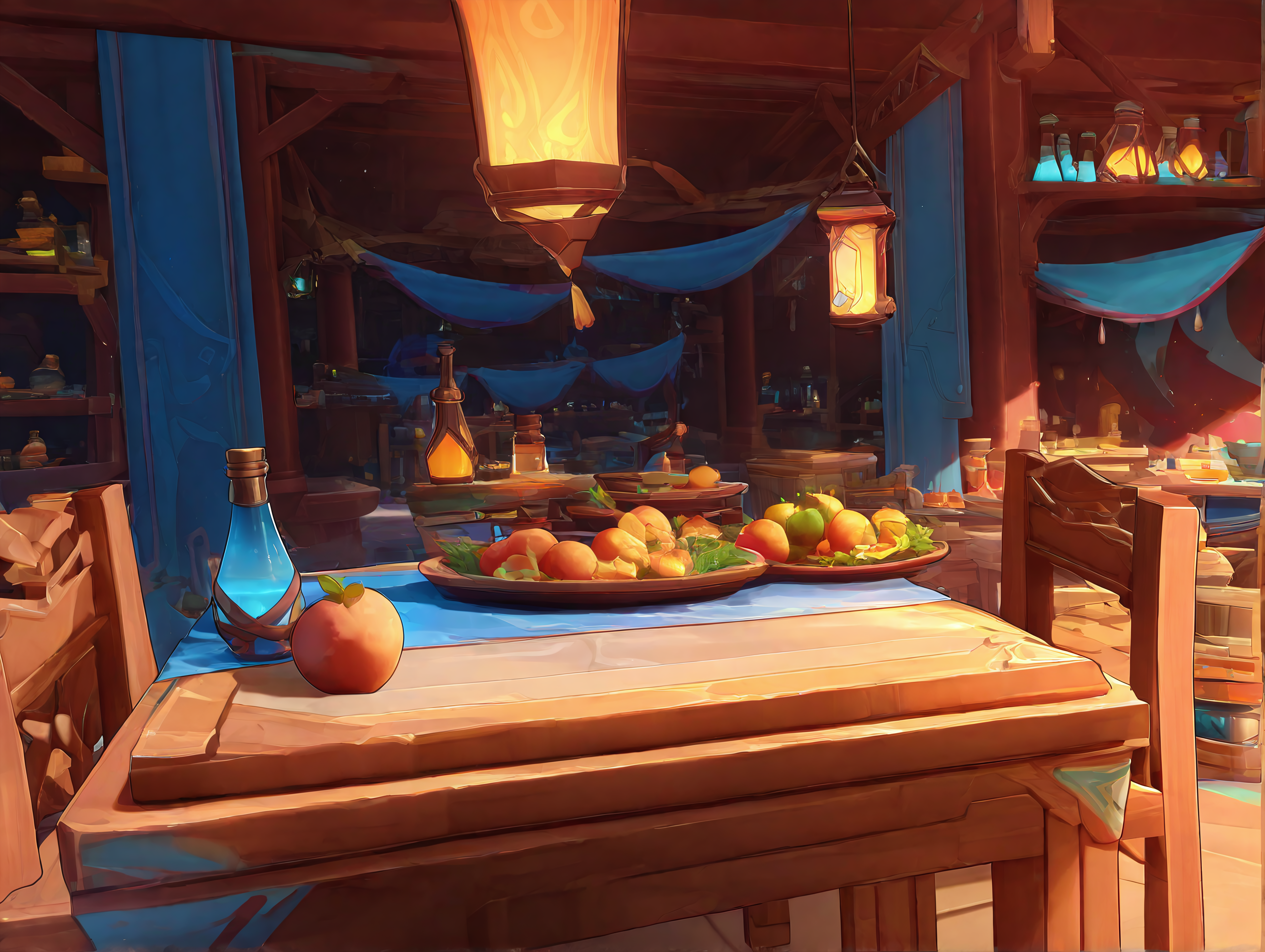 no humans, genshin impact, General, ririko \(fhnngririko\), dynamic angle, natlan, natlan, tavern, fantasy, scenery, table, chair, food, fruit, bottle, shelf, tablecloth, indoors, potion, crate, lantern, vegetable, masterpiece, best quality, absurdres, highres