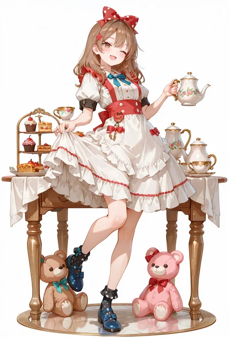 perfect quality,high quality,masterpiece,best quality,amazing quality,very aesthetic,Cinematic Lighting,newest,Tactical use of shadow,
MariyaMikhaylovna Cyql,1girl,solo,brown hair,long hair,hair ornament,brown eyes,
dress,polka dot,white background,food,bow,fruit,red bow,teacup,socks,smile,full body,holding,cup,frills,hair bow,shoes,teapot,short sleeves,simple background,apple,looking at viewer,white apron,fork,apron,spoon,white dress,pie,key,standing on one leg,cherry,open mouth,:d,copyright notice,stuffed toy,standing,heart,blue footwear,stuffed animal,puffy sleeves,frilled apron,frilled dress,flower,cupcake,blush,center frills,one eye closed,blue bow,skirt hold,polka dot legwear,puffy short sleeves,
usnr,748cmstyle,<lora:USNR STYLE_XL_loha:0.45>,<lora:DarkerThanBlackIllustrious:0.5>,<lora:spo_sdxl_10ep_4k-data_lora_webui:0.6>,<lora:illustrious_all_rated_v1:0.7>,<lora:748cmSDXL:0.8>,<lora:illustrious_quality_modifiers_masterpieces_v1:0.9>,<lora:Mariya Mikhaylovna_Illustrious by Cyql:1>,